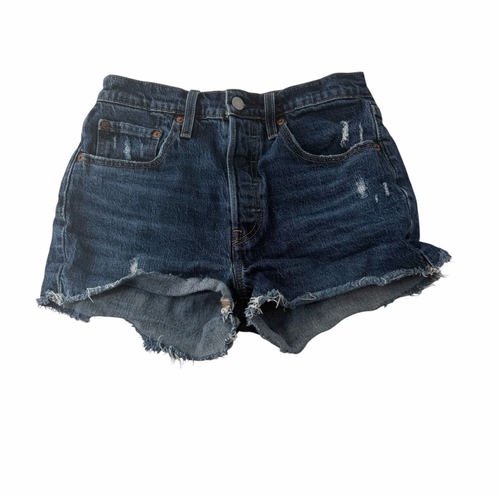 Levi's 501 Dark Blue Frayed 5-Pocket Button-Up Raw Hem Jean Shorts Boho Summer